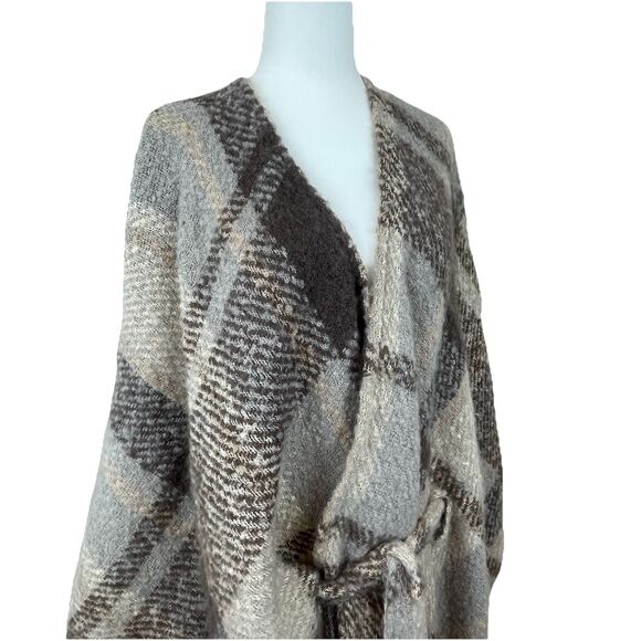 Max Studio Poncho Wrap Brown Plaid Western Bohemian - Picture 3 of 8